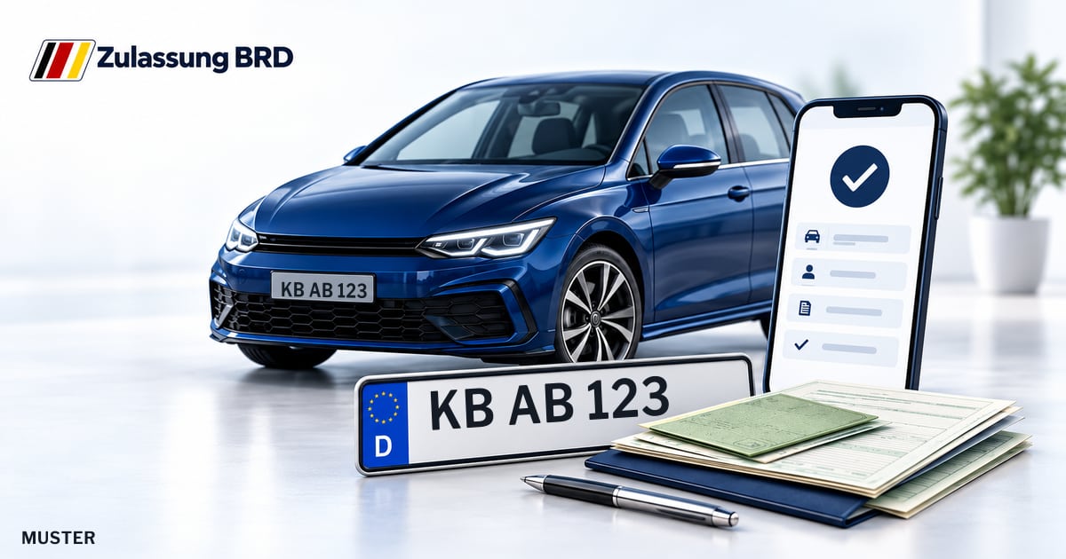 Online Fahrzeugzulassung in Vöhl: Musterkennzeichen KB AB 123, Auto und Fahrzeugpapiere und Smartphone. Illustration mit Logo von Zulassung BRD.